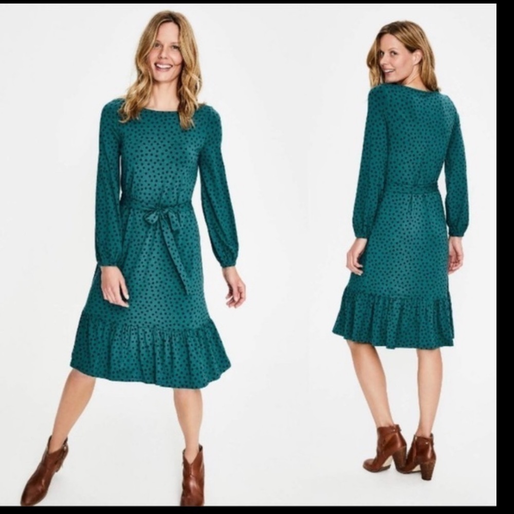 Boden holly jersey midi green long sleeve dress with pleated hem 4L